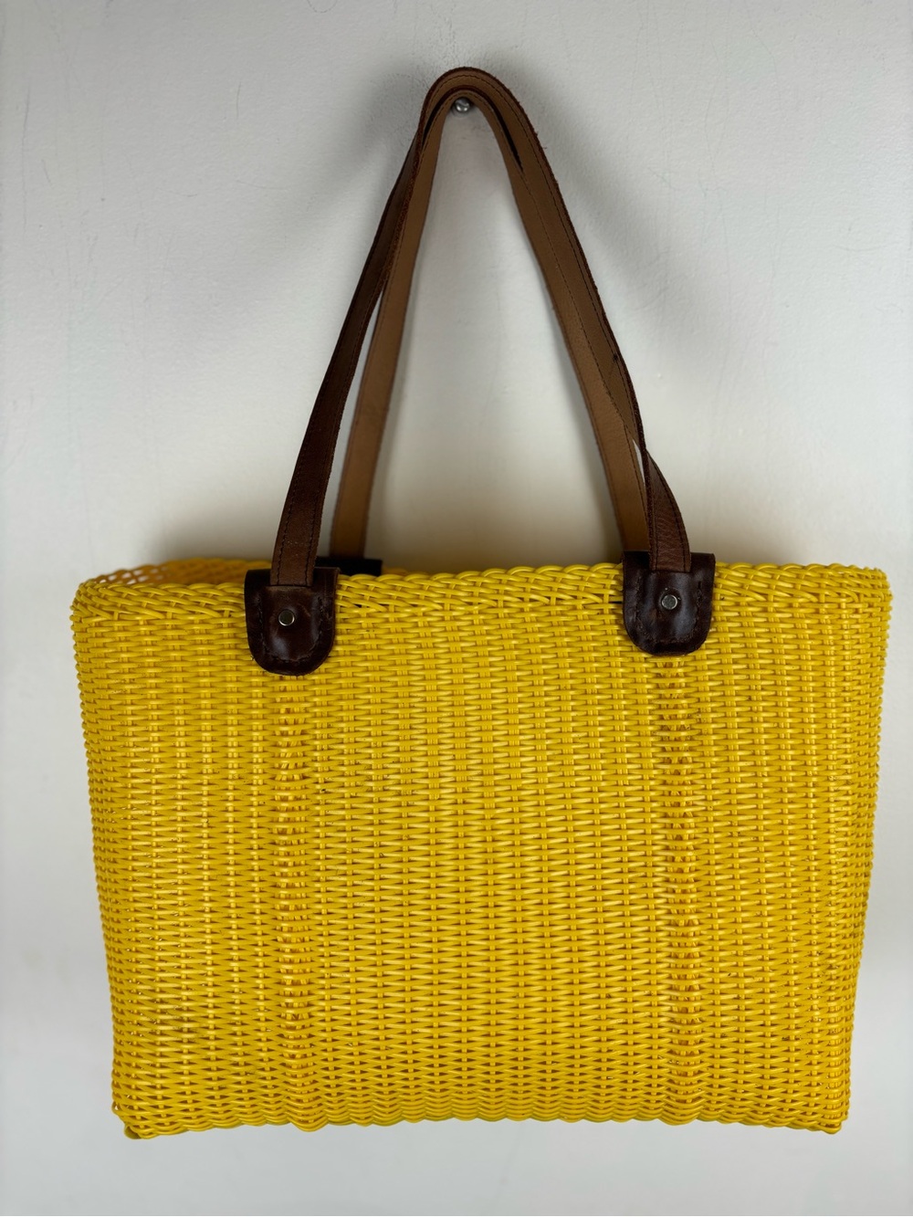 Recycled Plastic Woven Tote Bag in Vibrant Yellow w/ Leather Handles